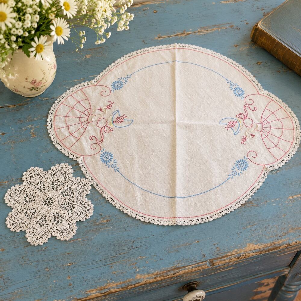 Vintage Crinoline Lady Embroidered Dresser Scarf & Crochet Doily Set Centerpiece